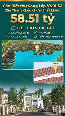 Song lập víp VN91-52 Nam view biển hồ 800ha, mặt tiền 17m, 214.5m², 58.51 tỷ