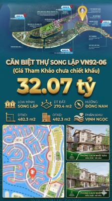 Song lập VN92-06 Đông Nam view biển hồ 800ha, 270.4m², 32.07 tỷ