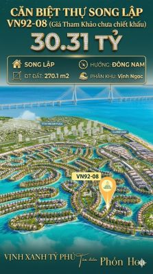 Song lập VN92-08 Đông Nam view biển hồ 800ha, 270.1m², 30.31 tỷ