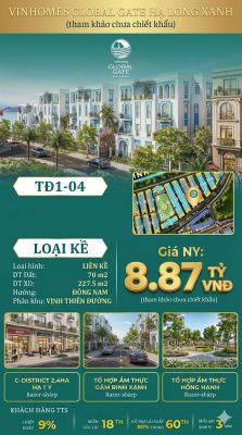 Liền Kề TĐ1-04 Vinhomes Global Gate Hạ Long Xanh 8.78 tỷ