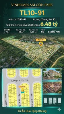 Nhà phố liền kề TL10-91 GLOBAL PARK Vinhomes Sài Gòn Park Giá 6.48 Tỷ