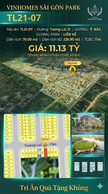 Nhà liền kề TL21-07 Global Park Vinhomes Sài Gòn Park Giá 11.13 Tỷ