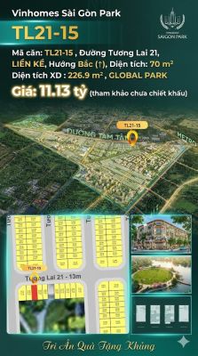 Nhà liền kề TL21-15 Global Park Vinhomes Sài Gòn Park Giá 11.13 Tỷ