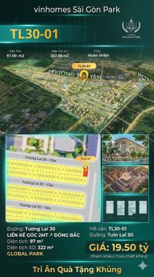 Nhà liền kề góc TL30-01 Global Park Vinhomes Sài Gòn Park Giá 19.5 Tỷ