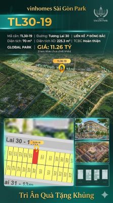Nhà liền kề TL30-19 Global Park Vinhomes Sài Gòn Park Giá 11.26 Tỷ