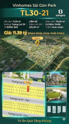 Nhà liền kề TL30-21 Global Park Vinhomes Sài Gòn Park Giá 11.39 Tỷ