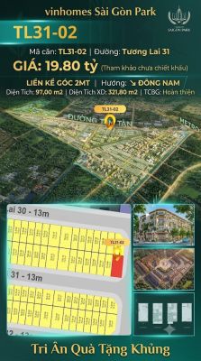 Nhà liền kề góc TL31-02 Global Park Vinhomes Sài Gòn Park Giá 19.8 Tỷ