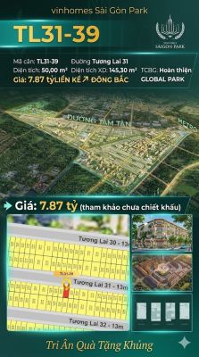 Nhà liền kề TL31-39 Global Park Vinhomes Sài Gòn Park Giá 7.87 Tỷ