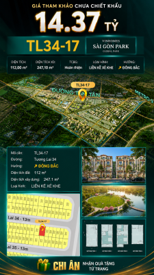 Nhà liền kề xẻ khe TL34-17 Global Park Vinhomes Sài Gòn Park Giá 14.37 Tỷ