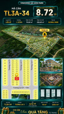 Nhà phố liền kề TL3A-34 GLOBAL PARK Vinhomes Sài Gòn Park Giá 8.72 Tỷ