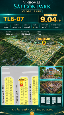 Nhà phố liền kề TL6-07 GLOBAL PARK Vinhomes Sài Gòn Park Giá 9.04 Tỷ