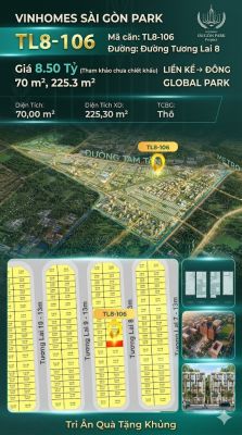 Nhà phố liền kề TL8-106 GLOBAL PARK Vinhomes Sài Gòn Park Giá 8.50 Tỷ