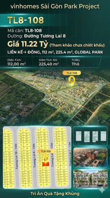 Nhà phố liền kề TL8-108 GLOBAL PARK Vinhomes Sài Gòn Park Giá 11.22 Tỷ