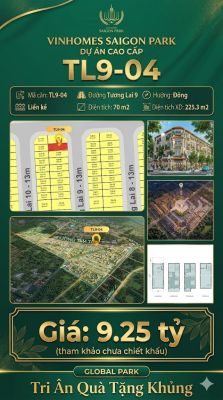 Nhà phố liền kề TL9-04 GLOBAL PARK Vinhomes Sài Gòn Park Giá 9.25 Tỷ