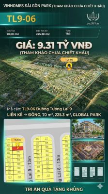 Nhà phố liền kề TL9-06 GLOBAL PARK Vinhomes Sài Gòn Park Giá 9.31 Tỷ