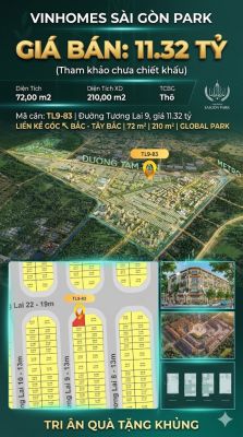 Nhà phố liền kề góc TL9-83 GLOBAL PARK Vinhomes Sài Gòn Park Giá 11.32 Tỷ