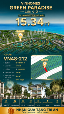 Nhà liên kề VN48-212 - phân khu vịnh ngọc DTXD 308m² giá 15.34 tỷ