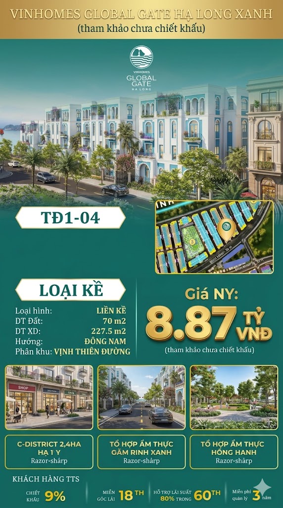 Liền Kề TĐ1-04 Vinhomes Global Gate Hạ Long Xanh 8.78 tỷ