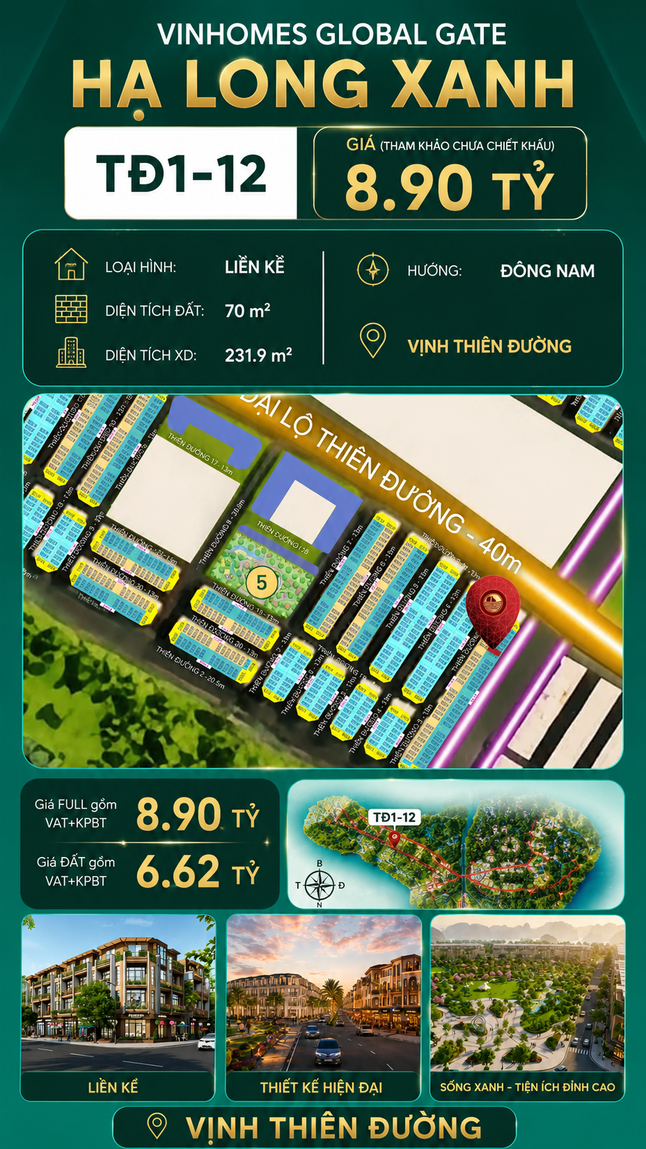 Liền Kề TĐ1-12 Vinhomes Global Gate Hạ Long Xanh 8.9 tỷ