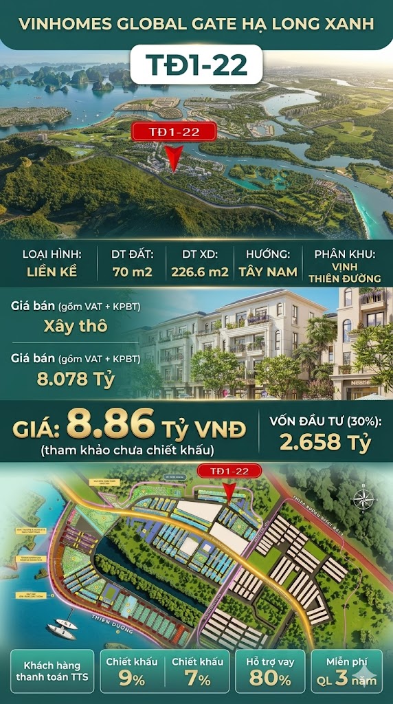 Liền Kề TĐ1-22 Vinhomes Global Gate Hạ Long Xanh 8.86 tỷ