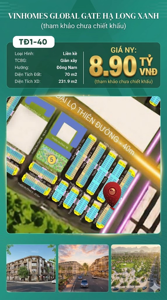 Liền Kề TĐ1-40 Vinhomes Global Gate Hạ Long Xanh 8.9 tỷ