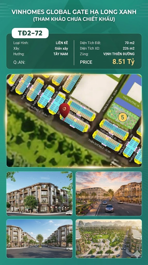 Liền Kề TĐ2-72 Vinhomes Global Gate Hạ Long Xanh 8.51 tỷ