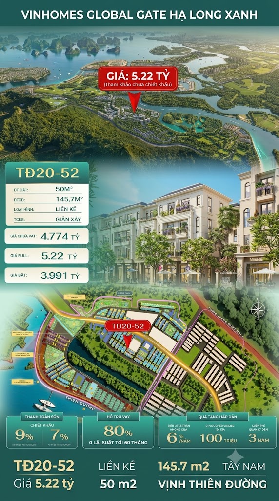 Liền Kề TĐ20-52 Vinhomes Global Gate Hạ Long Xanh 5.22 tỷ