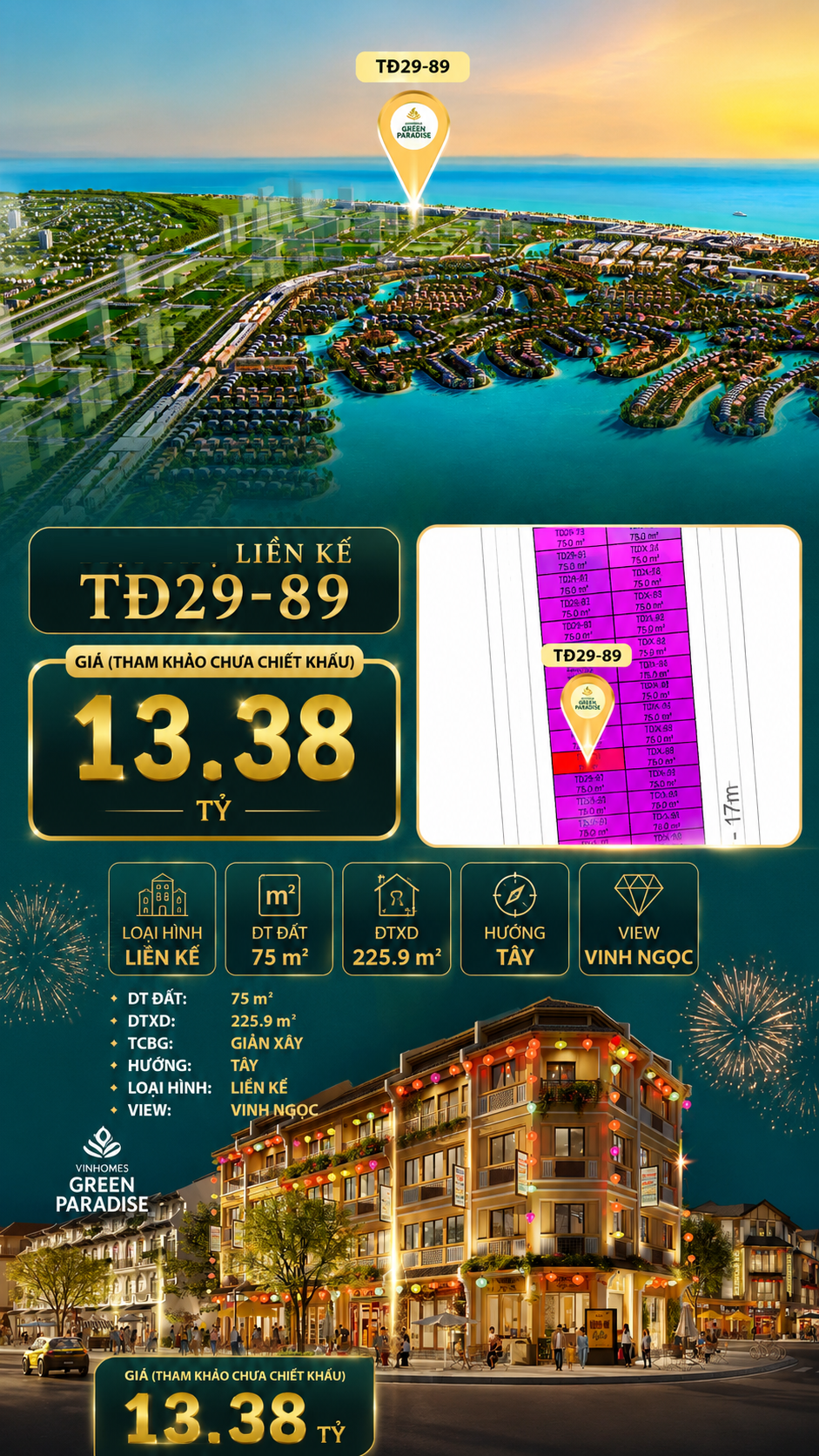 Nhà phố liền kề TĐ29-89 – Hướng Tây – Xây 225.9m²