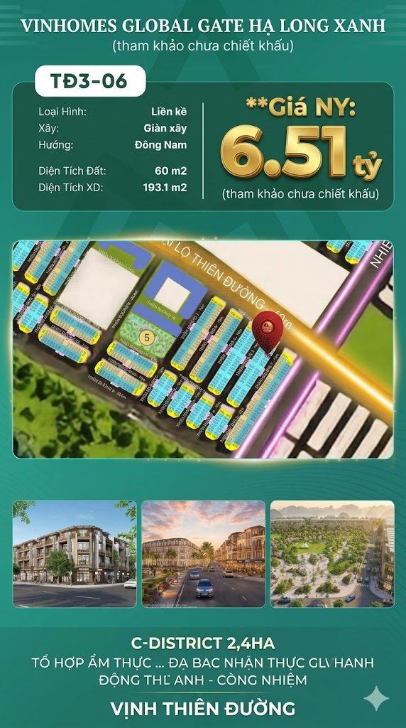 Liền Kề TĐ3-06 Vinhomes Global Gate Hạ Long Xanh 6.51 tỷ