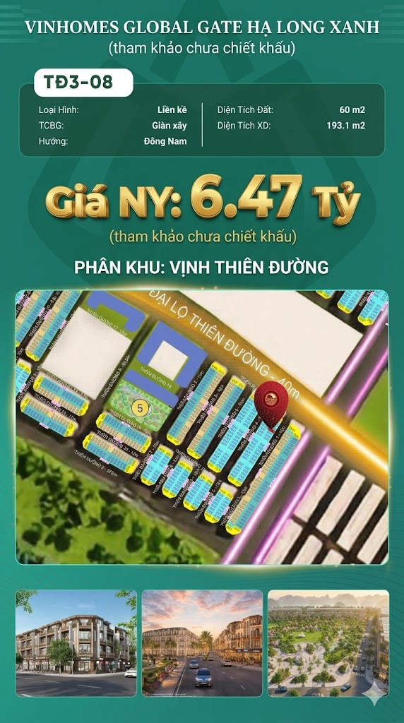 Liền Kề TĐ3-08 Vinhomes Global Gate Hạ Long Xanh 6.47 tỷ