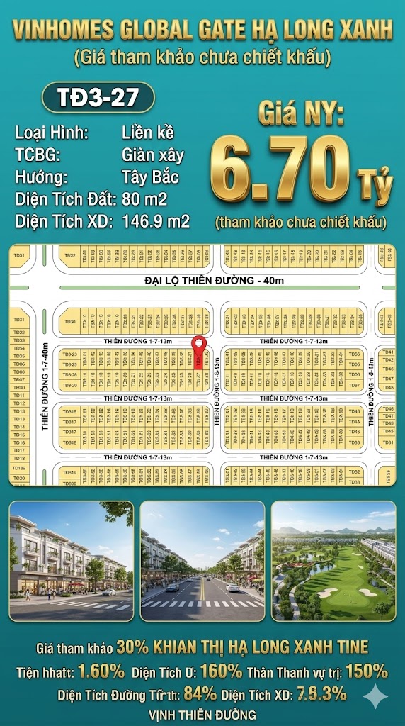 Liền Kề TĐ3-27 Vinhomes Global Gate Hạ Long Xanh 6.7 tỷ