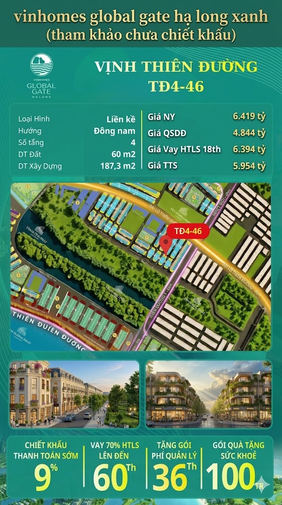 Liền Kề 4 Tầng TĐ4-46 Vinhomes Global Gate Hạ Long 6.4 tỷ