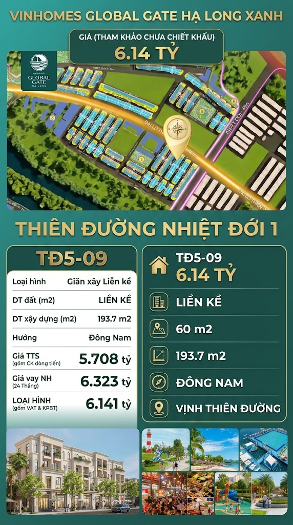 Liền Kề TĐ5-09 Vinhomes Global Gate Hạ Long Xanh 6.14 tỷ