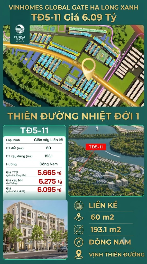 Liền Kề TĐ5-11 Vinhomes Global Gate Hạ Long Xanh 6.09 tỷ