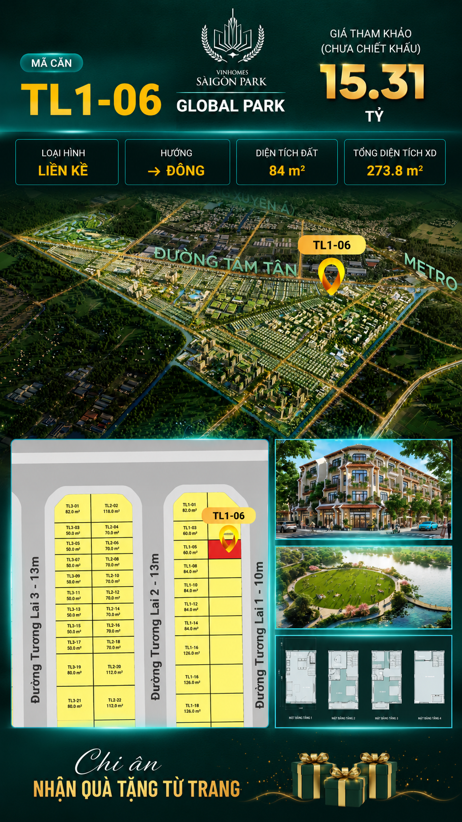 Nhà phố liền kề TL1-06 GLOBAL PARK Vinhomes Sài Gòn Park Giá 15.31 Tỷ