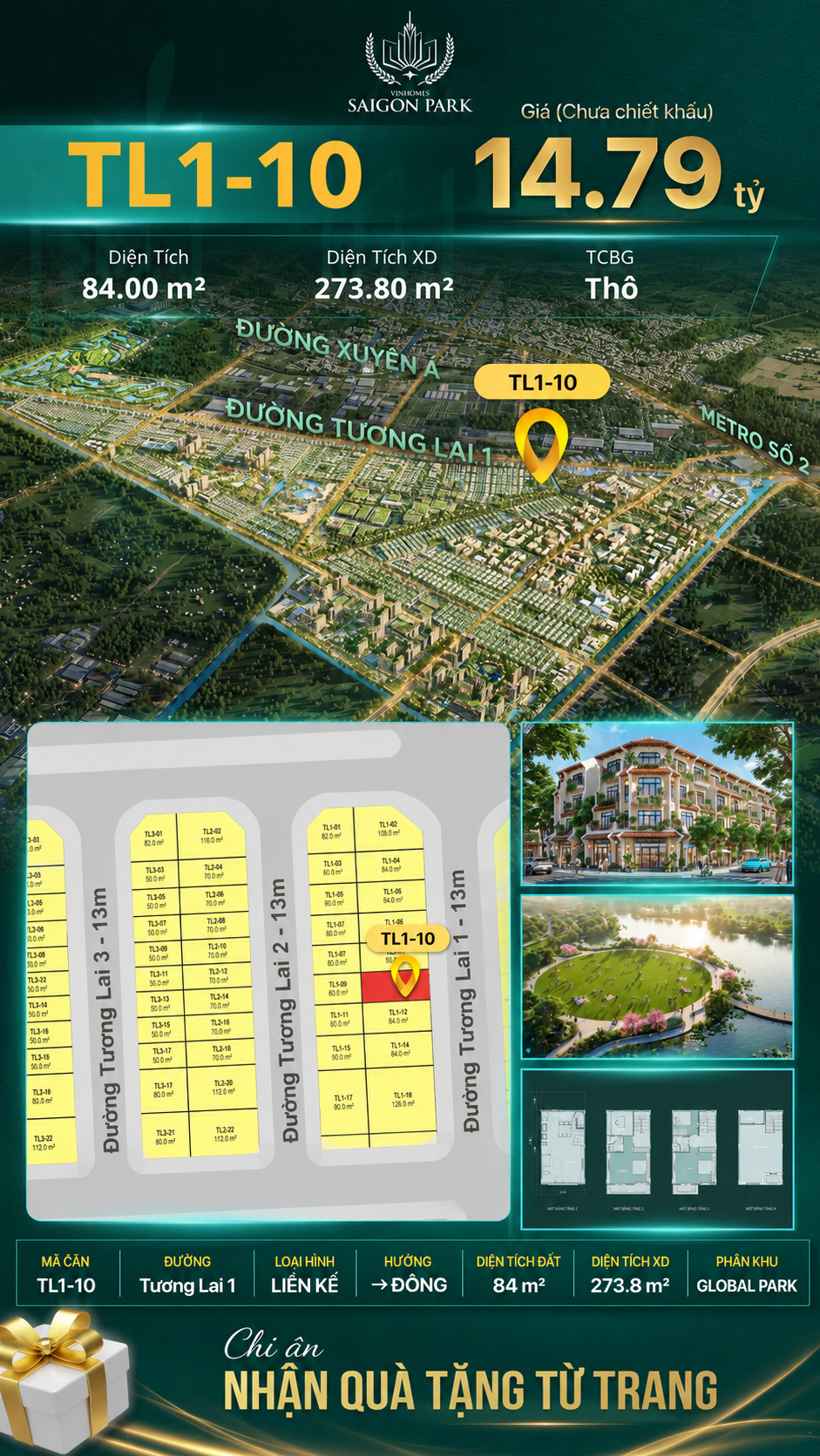 Nhà phố liền kề TL1-10 GLOBAL PARK Vinhomes Sài Gòn Park Giá 14.79 Tỷ