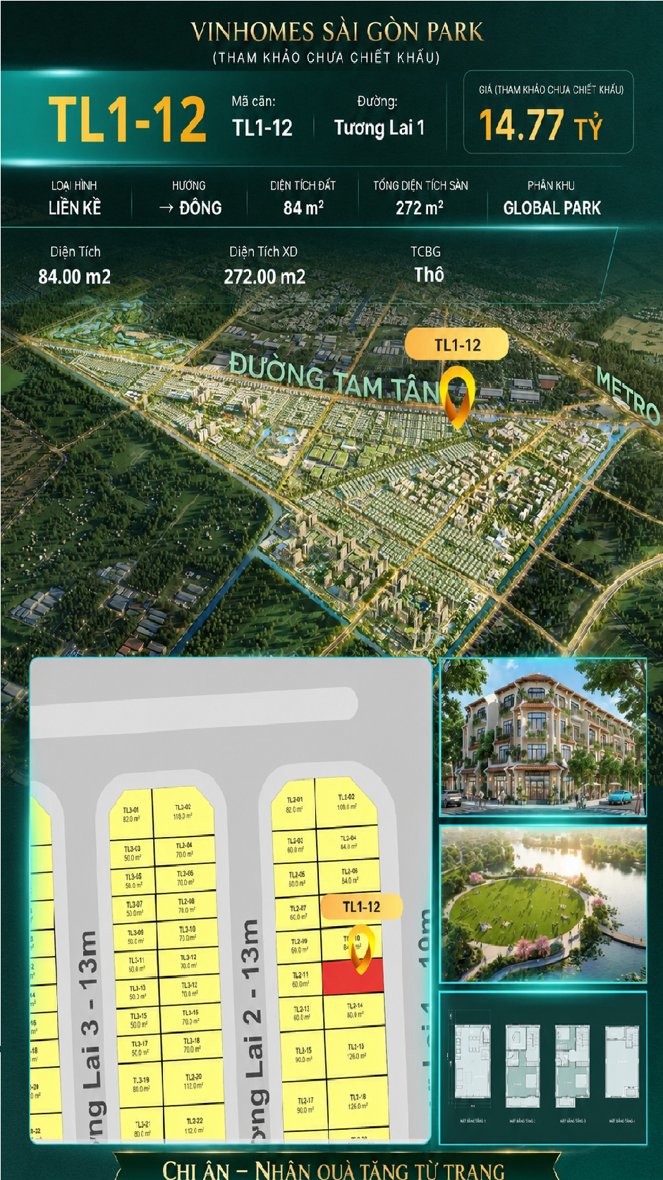 Nhà phố liền kề TL1-12 GLOBAL PARK Vinhomes Sài Gòn Park Giá 14.77 Tỷ