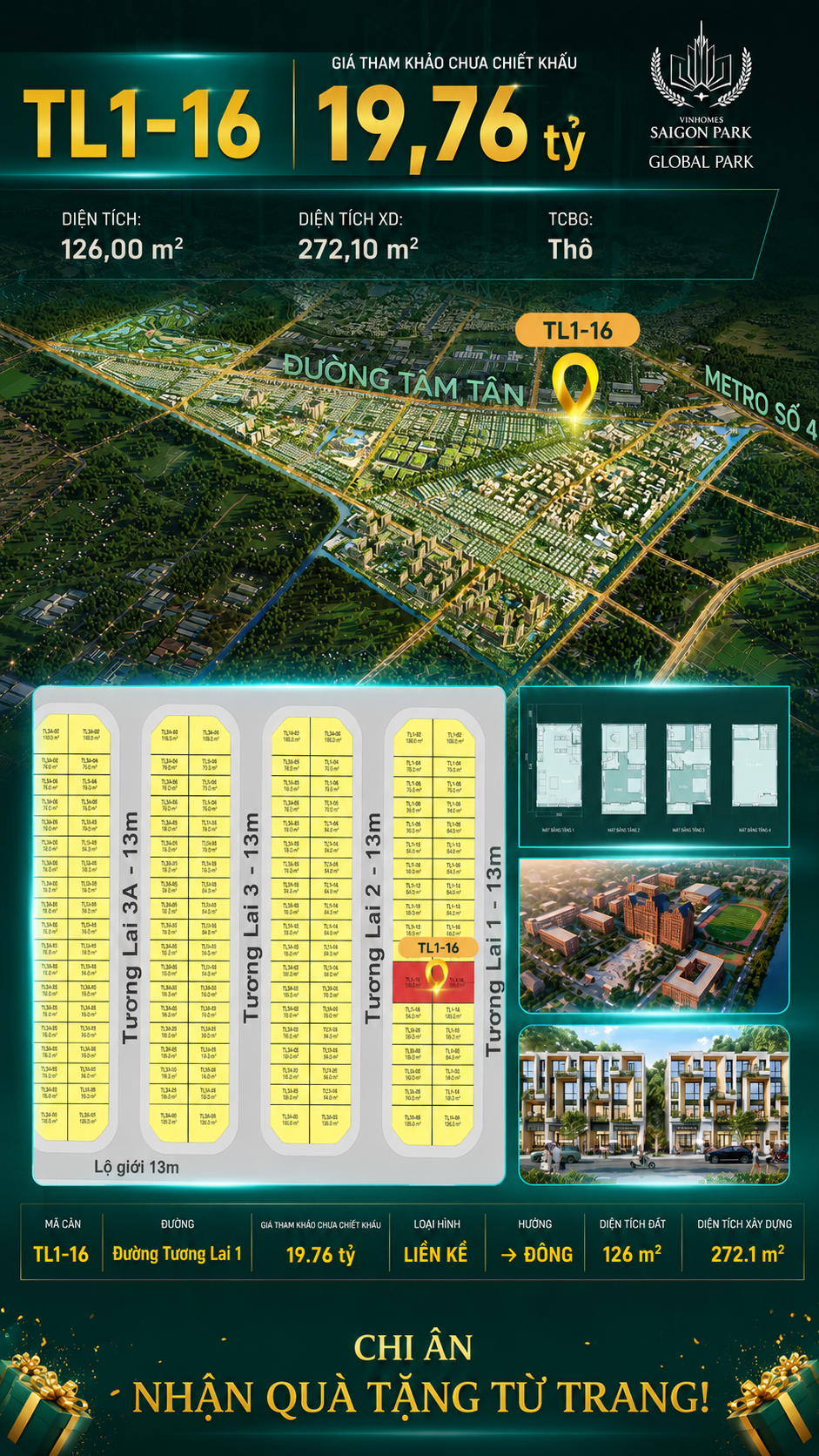 Nhà phố liền kề TL1-16 GLOBAL PARK Vinhomes Sài Gòn Park Giá 19.76 Tỷ