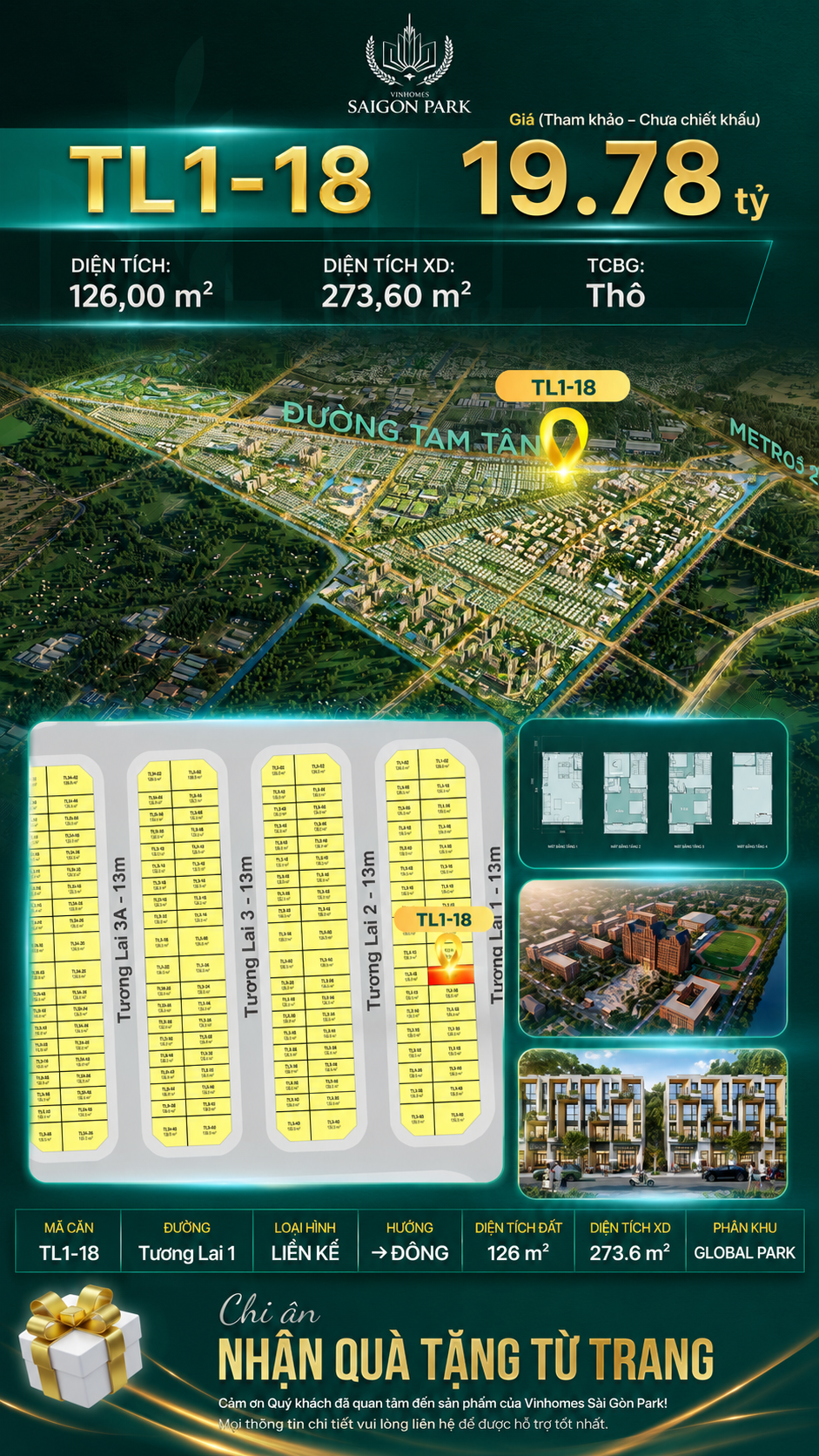 Nhà phố liền kề TL1-18 GLOBAL PARK Vinhomes Sài Gòn Park Giá 19.78 Tỷ