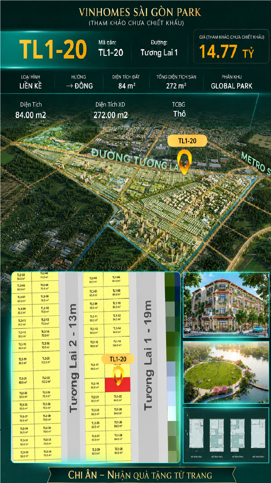 Nhà phố liền kề TL1-20 GLOBAL PARK Vinhomes Sài Gòn Park Giá 14.77 Tỷ