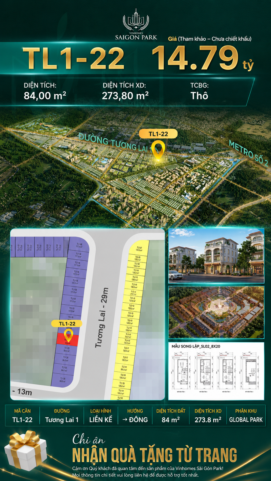 Nhà phố liền kề TL1-22 GLOBAL PARK Vinhomes Sài Gòn Park Giá 14.79 Tỷ