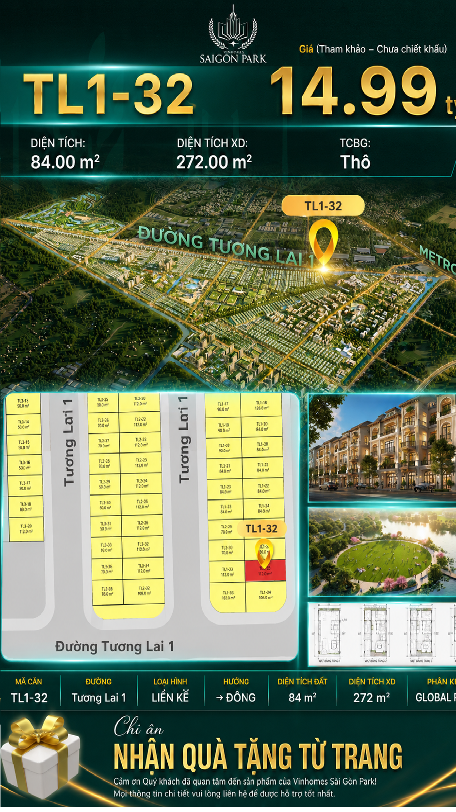 Nhà phố liền kề TL1-32 GLOBAL PARK Vinhomes Sài Gòn Park Giá 14.99 Tỷ