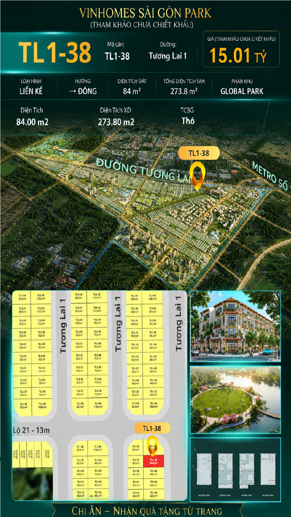 Nhà phố liền kề TL1-38 GLOBAL PARK Vinhomes Sài Gòn Park Giá 15.01 Tỷ