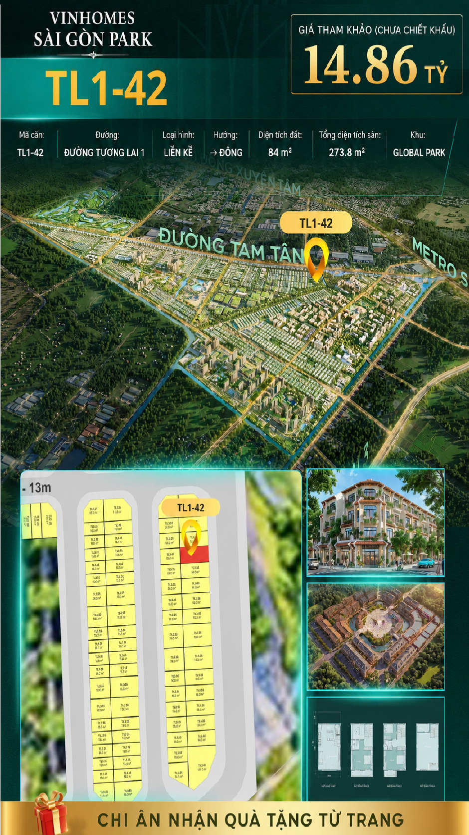 Nhà phố liền kề TL1-42 GLOBAL PARK Vinhomes Sài Gòn Park Giá 14.86 Tỷ