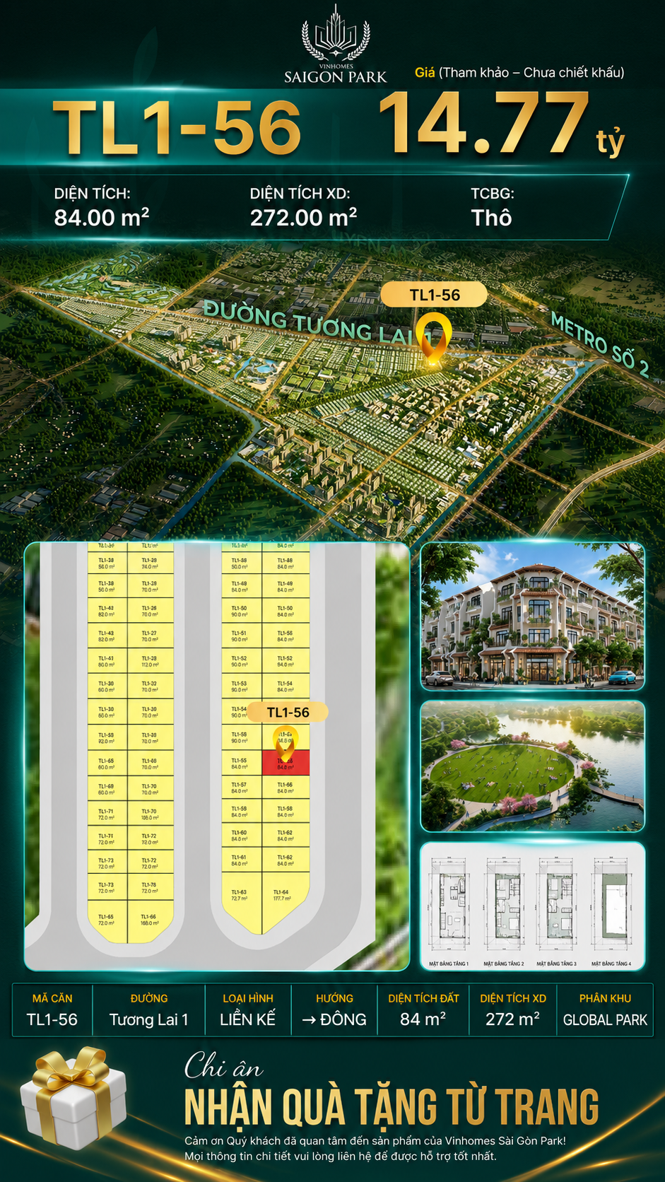 Nhà phố liền kề TL1-56 GLOBAL PARK Vinhomes Sài Gòn Park Giá 14.77 Tỷ
