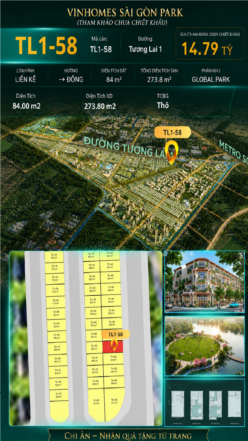 Nhà phố liền kề TL1-58 GLOBAL PARK Vinhomes Sài Gòn Park Giá 14.79 Tỷ
