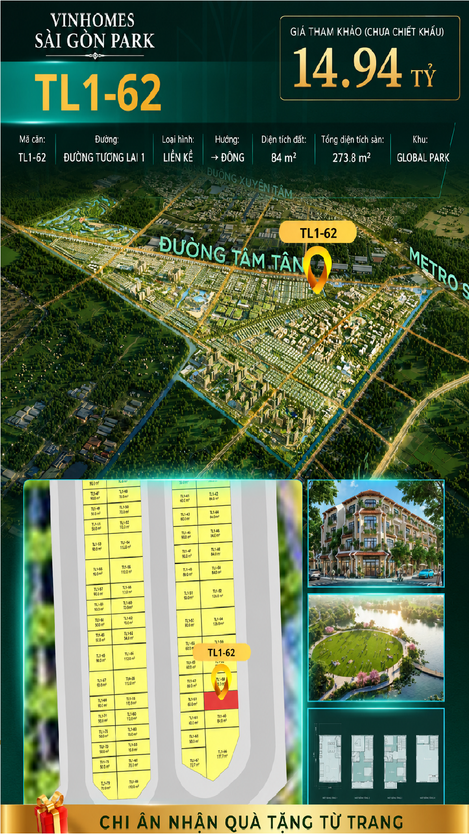 Nhà phố liền kề TL1-62 GLOBAL PARK Vinhomes Sài Gòn Park Giá 14.94 Tỷ