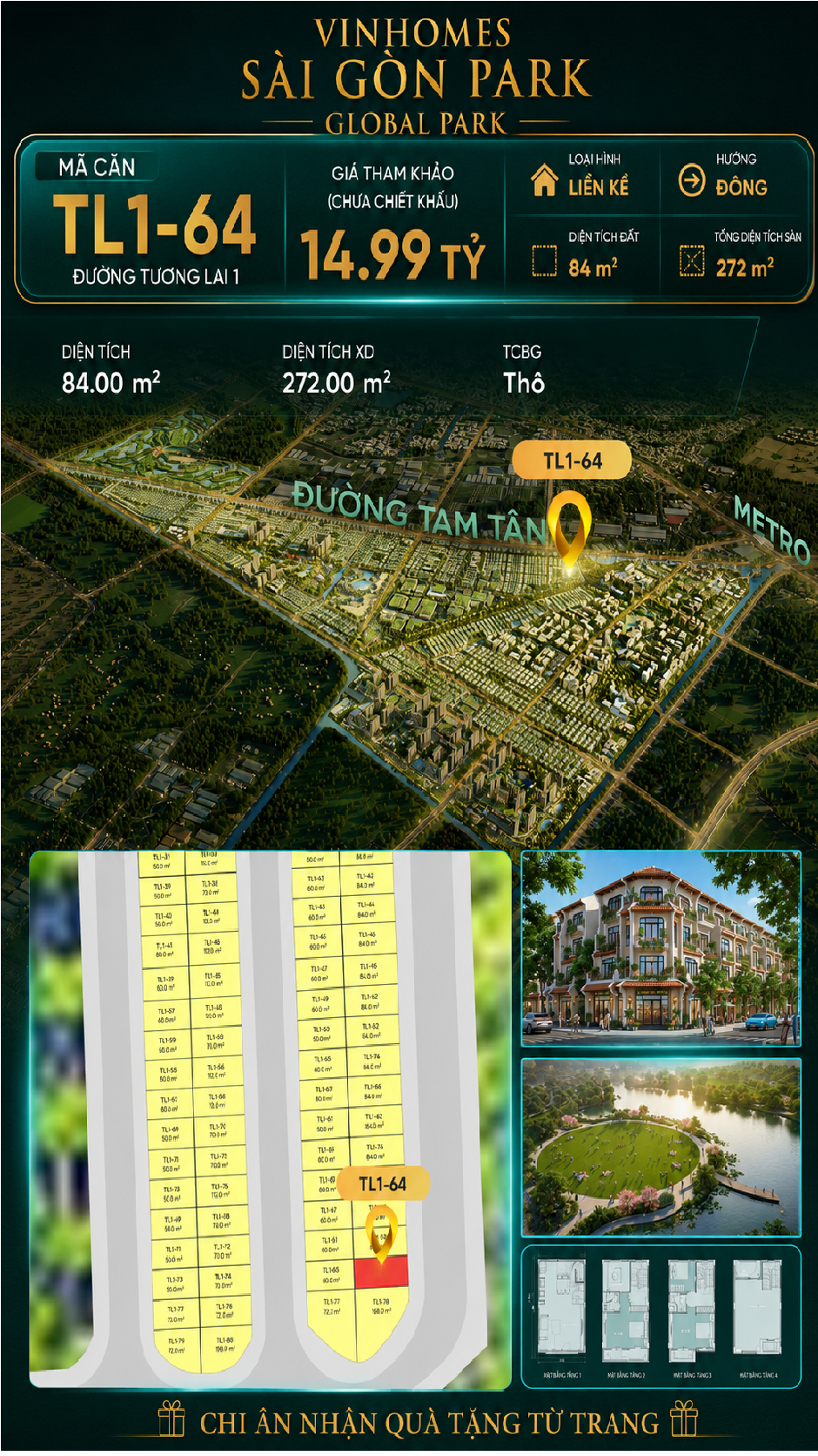 Nhà phố liền kề TL1-64 GLOBAL PARK Vinhomes Sài Gòn Park Giá 14.99 Tỷ