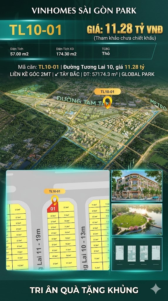 Nhà phố liền kề góc TL10-01 GLOBAL PARK Vinhomes Sài Gòn Park Giá 11.28 Tỷ