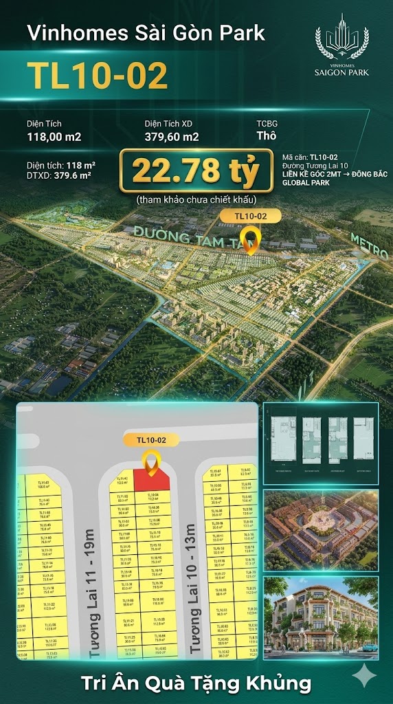 Nhà phố liền kề góc TL10-02 GLOBAL PARK Vinhomes Sài Gòn Park Giá 22.78 Tỷ